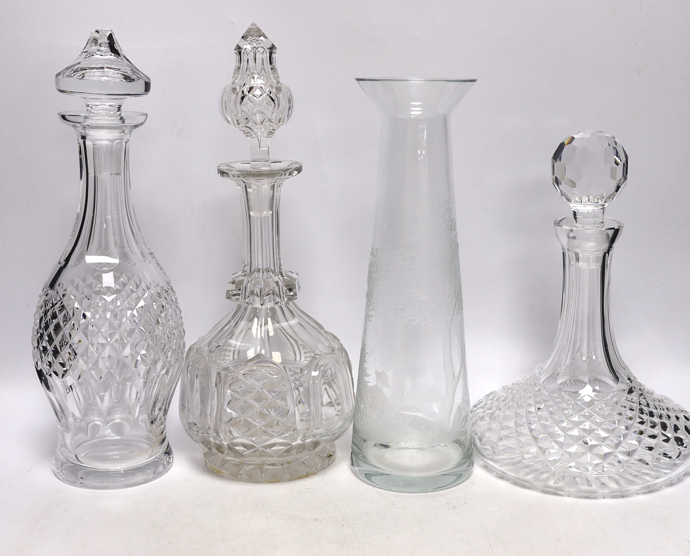 Antique and later glassware including four decanters, dishes and etched vase, largest 33cm high